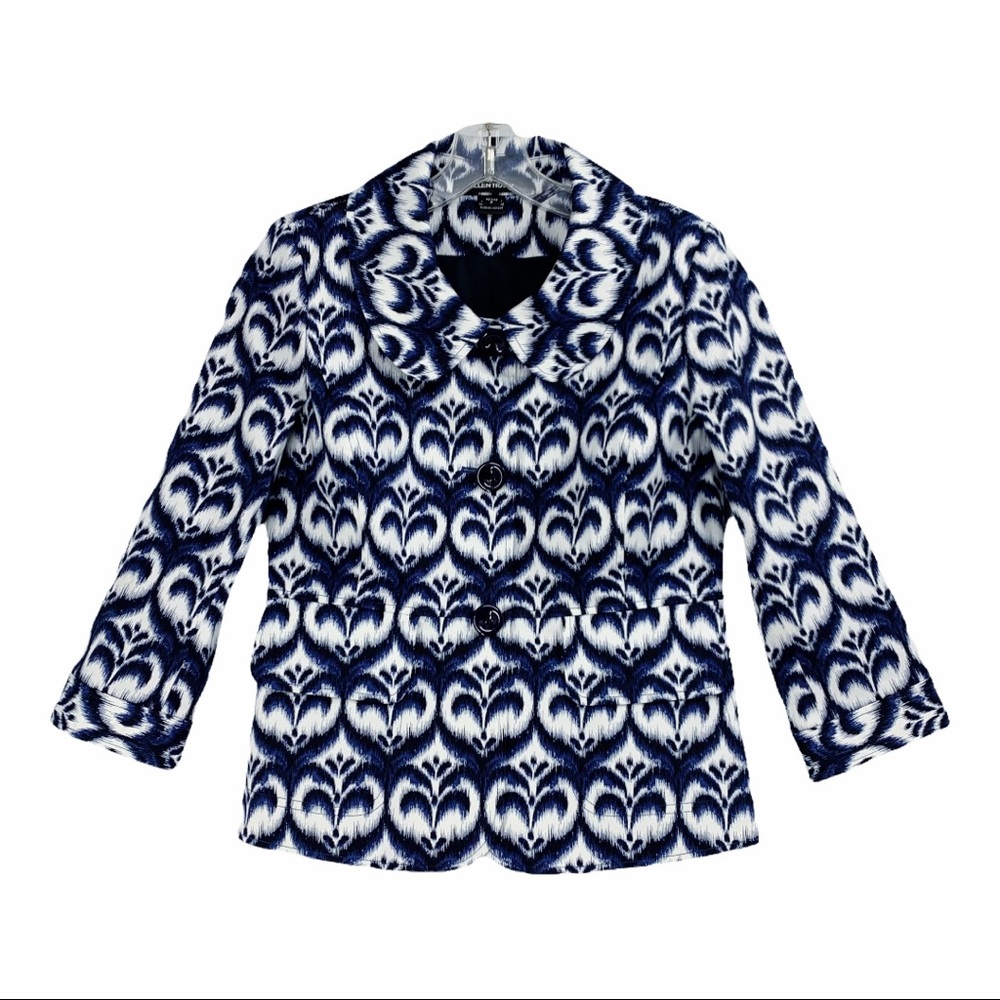 Ellen Tracy Ikat Inspired Peplum Style Blazer Jacket Blue White Black St…